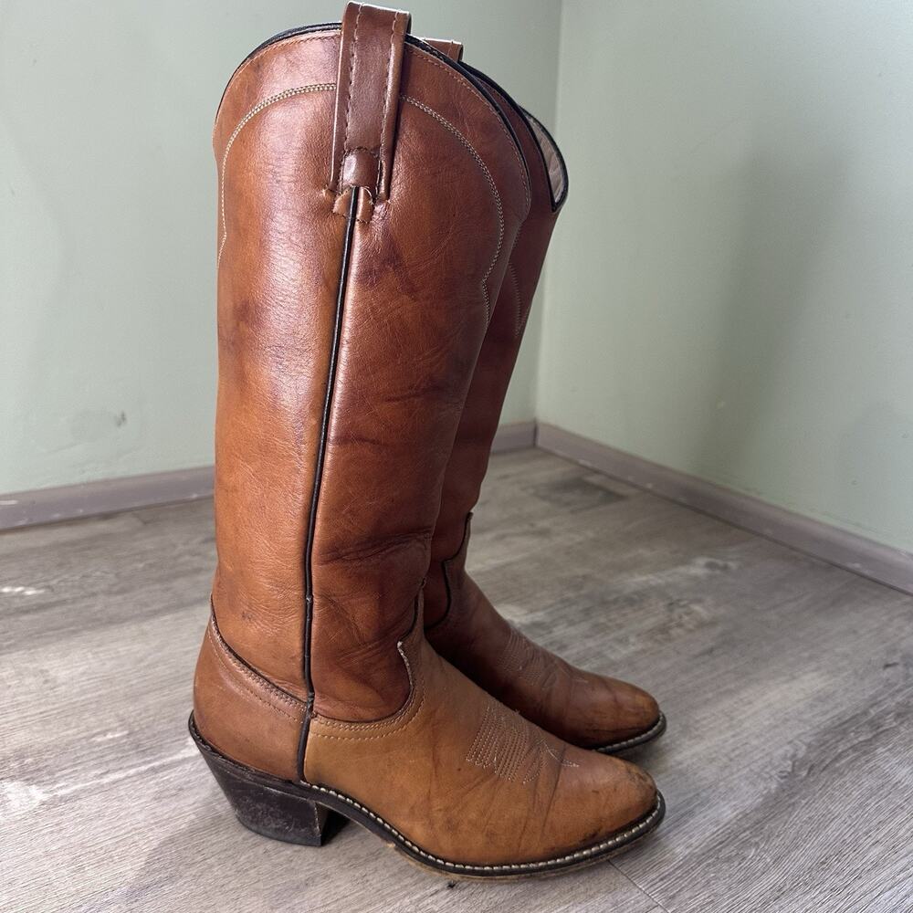 Acme Vintage Brown Leather Embroidered Western Boot Pull On Women's 5 M